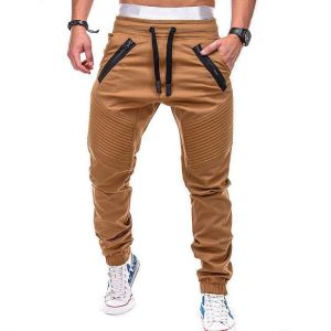 NSOnline בגדי לגברים  Casual Sport Pants Elastic Waist Drawstring Zipper Pockets Sportwear