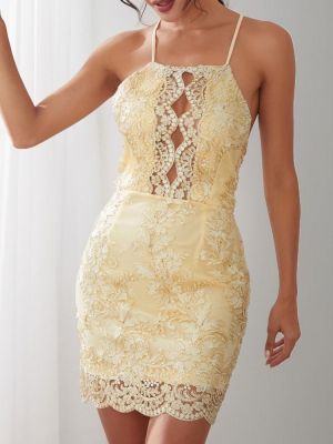 NSOnline בגדי נשים  Elegant Embroidered Hollow Out Halter Neck Backless Party Bodycon Gold Mini Dress